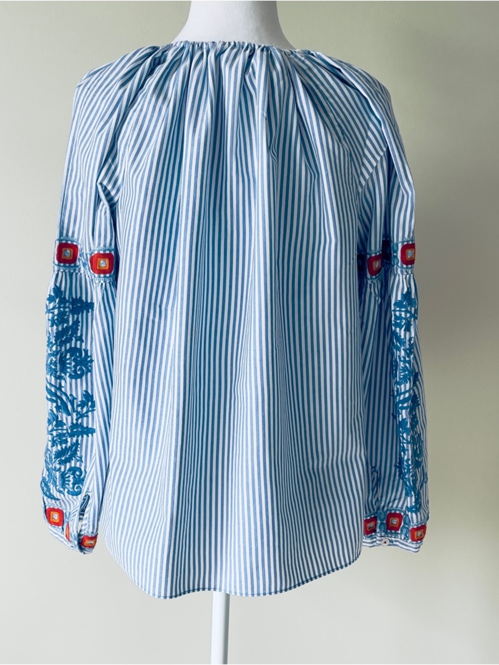 Tory Burch Light Blue Striped Peasant Blouse with Coral Tassels EUC Size 14 - Picture 7 of 9
